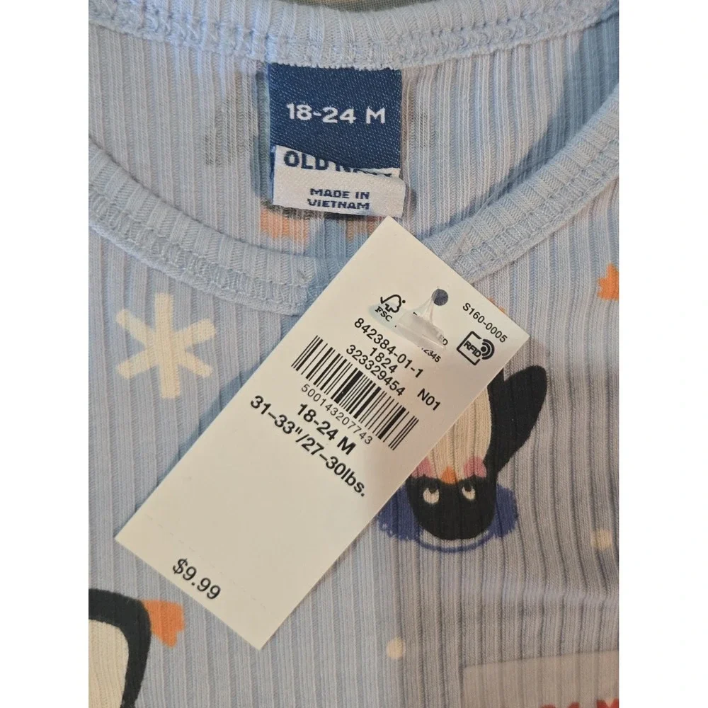 Old Navy Blue Ribbed Penguin Animal Print One Piece Bodysuit 18-24M Long Sleeve